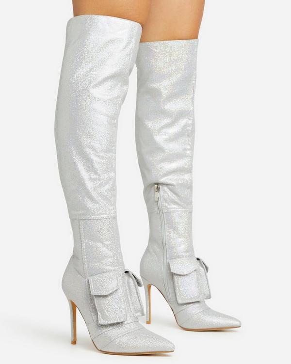 Silver knee high on sale boots