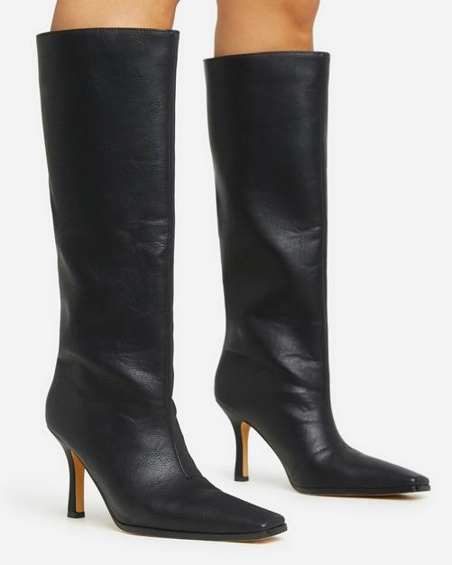 Catcher Diamante Detail Pointed Toe Stiletto Heel Over The Knee Thigh High  Boot In Black Faux Leather