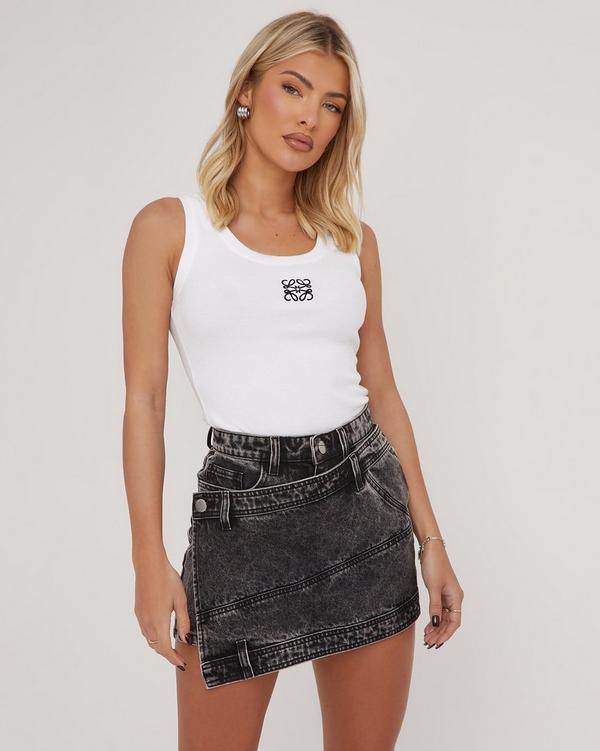 High Waist Wrap Over Detail Mini Skirt In Charcoal Grey Acid Wash Denim