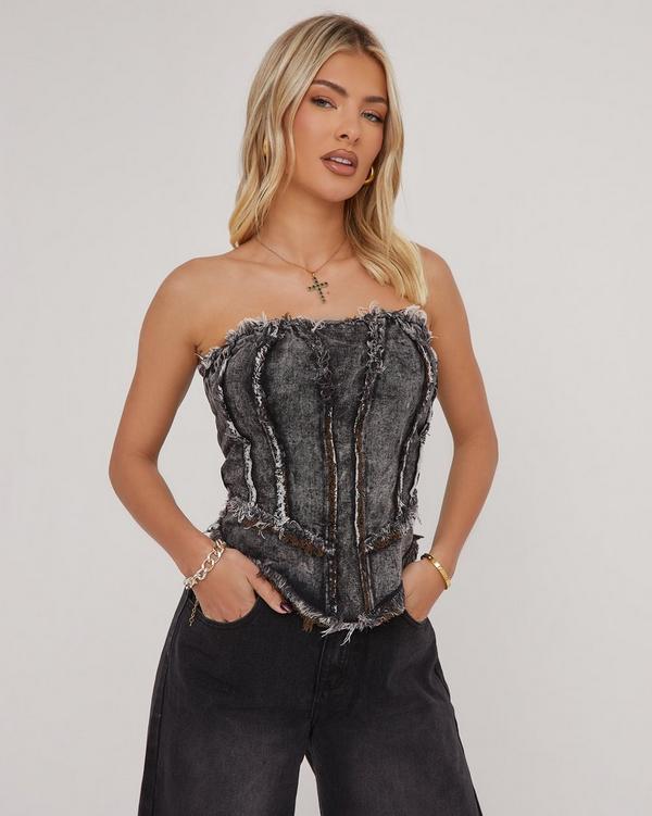 Bandeau Frayed Detail Structured Corset Top In Charcoal Denim