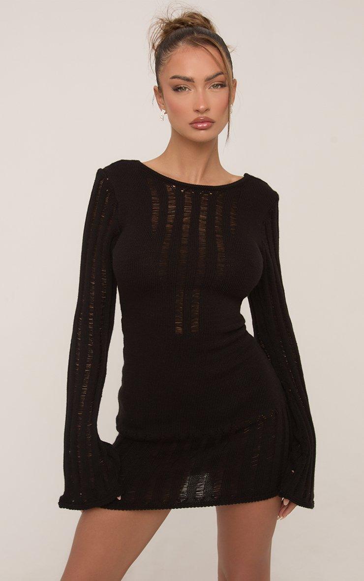 Long Sleeve Open Back Mini Dress In Black Ladder Knit | EGO AE | EGO