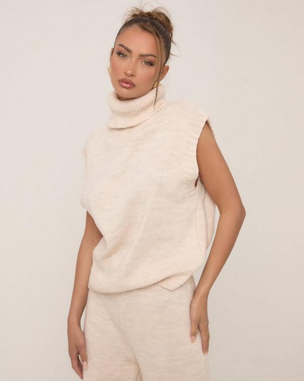 Sleeveless Roll Neck Boxy Top In Cream Knit