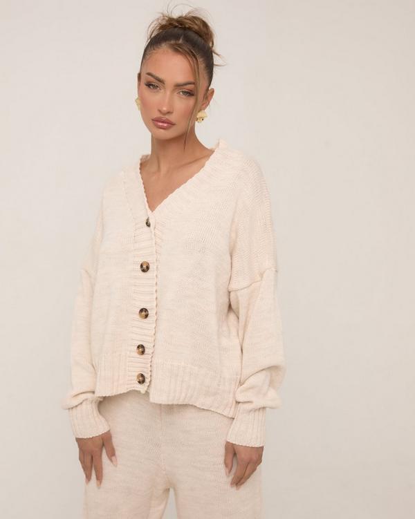V Neck Oversized Button Up Cardigan In Cream Knit