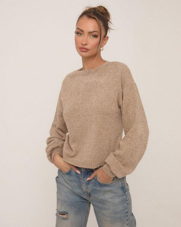 Tie Back Detail Oversized Jumper In Stone Knit