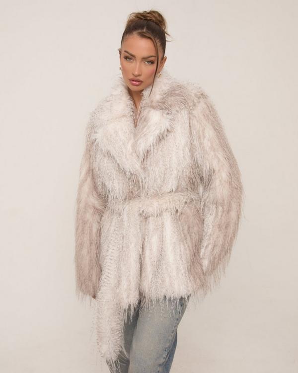 Belted Mid Length Coat In Grey Natural Look Premium Faux Fur