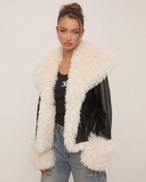 Contrast Shearling Detail Coat In Black Faux Leather