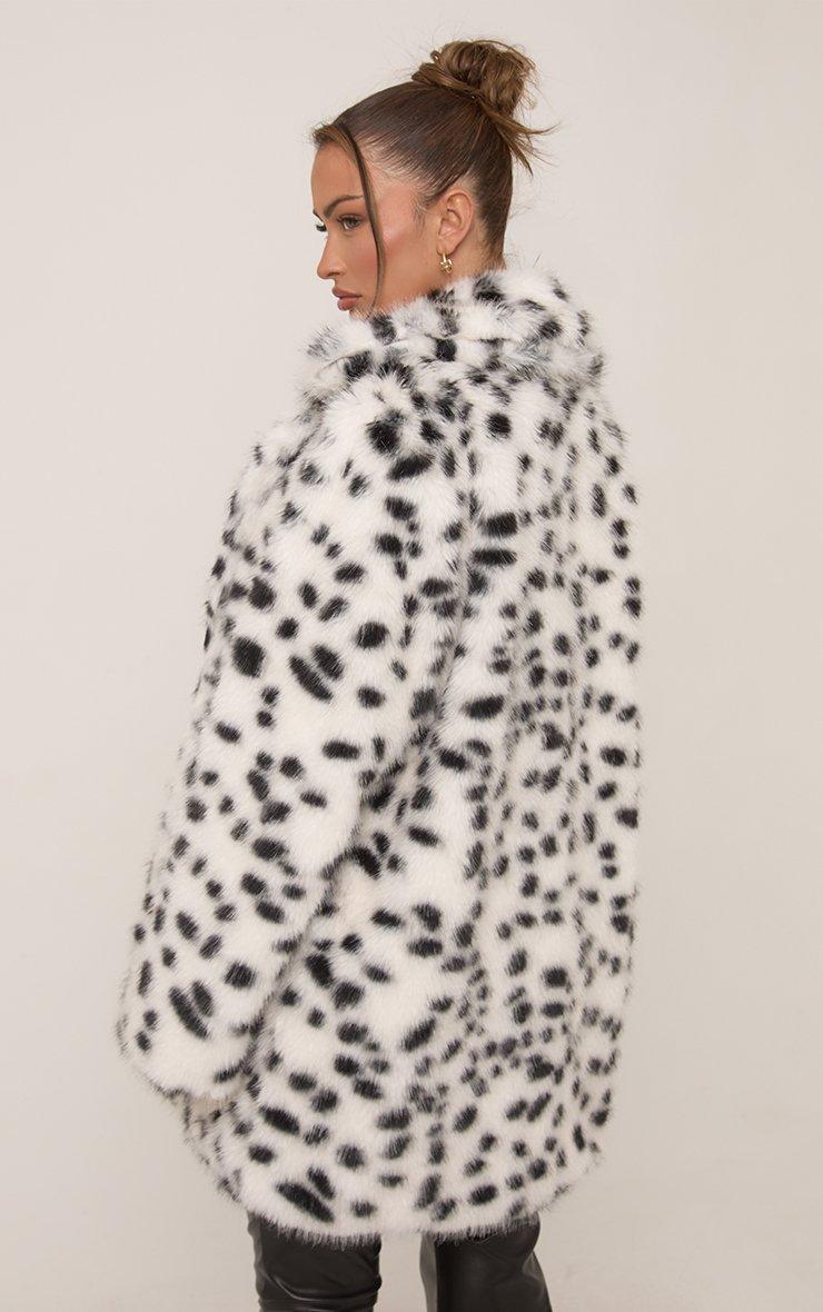 Mid Length Coat In White Monochrome Spot Faux Fur | EGO US | EGO