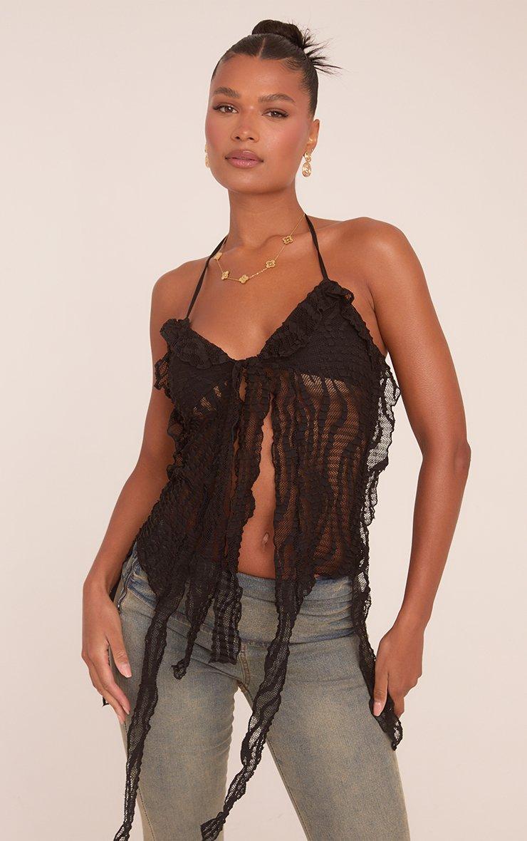 Halterneck Frill Detail Maxi Top In Black Textured Lace | EGO UK | EGO