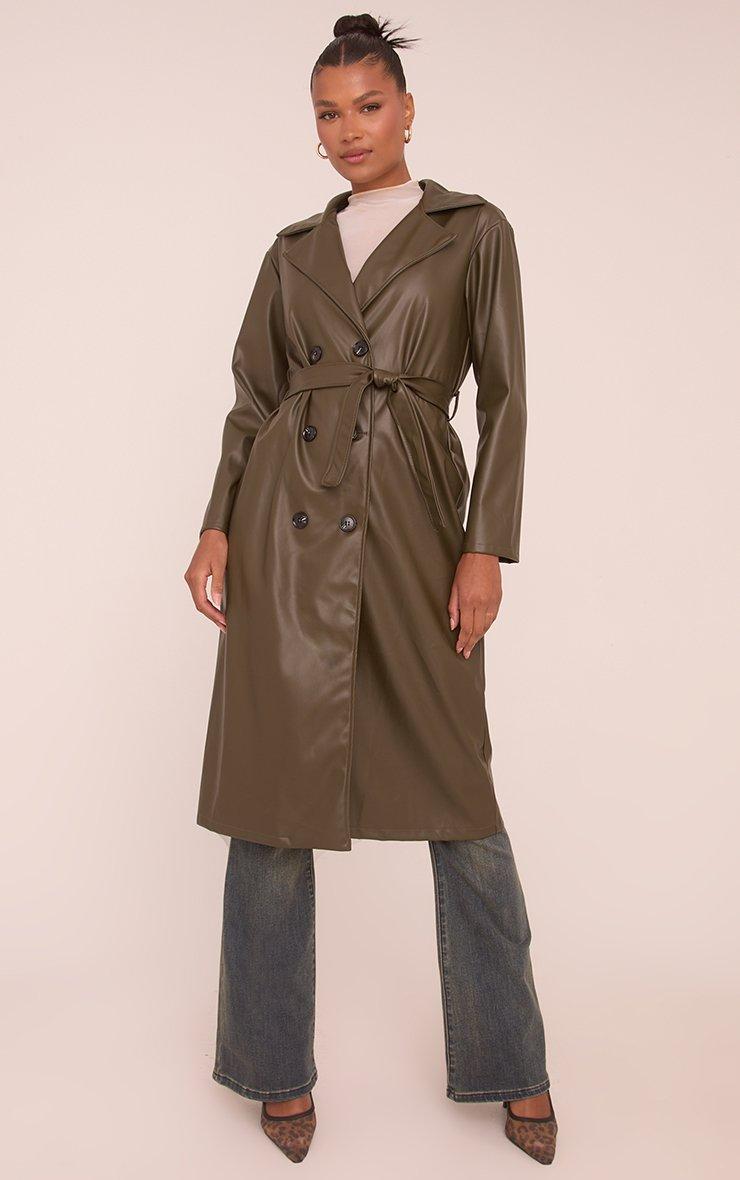 Belted Trench Coat In Dark Green Faux Leather | EGO US | EGO