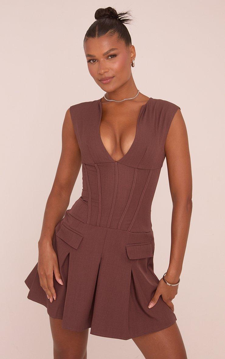 Plunge Neck Tailored Pleated Mini Dress In Brown | EGO US | EGO