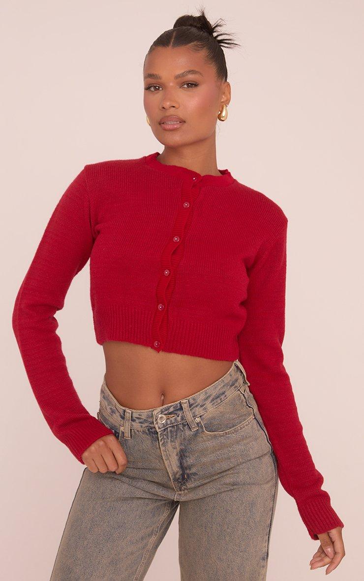 Long Sleeve Button Front Cropped Cardigan In Red Knit | EGO EU | EGO
