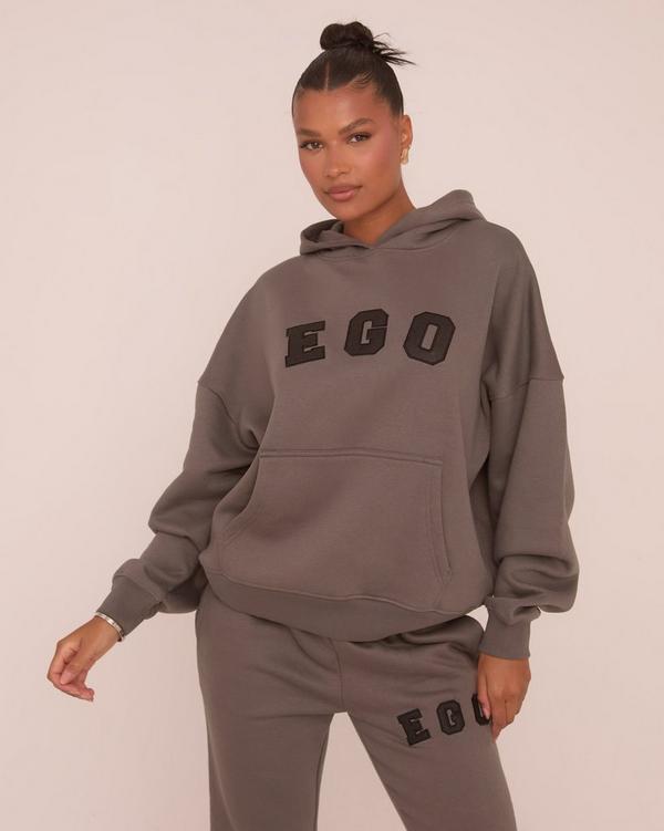 Oversized Ego Graphic Slogan Print Hoodie In Charcoal Grey