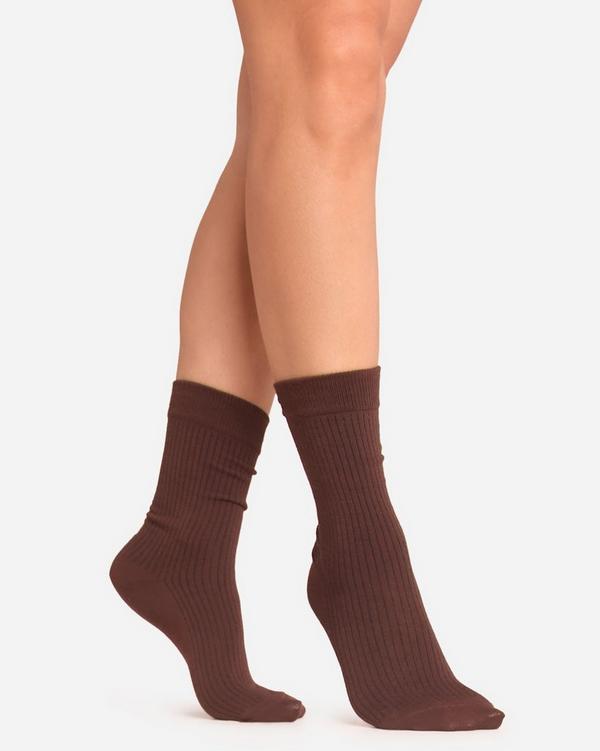 Ribbed Detail Ankle Sport Socks In Brown