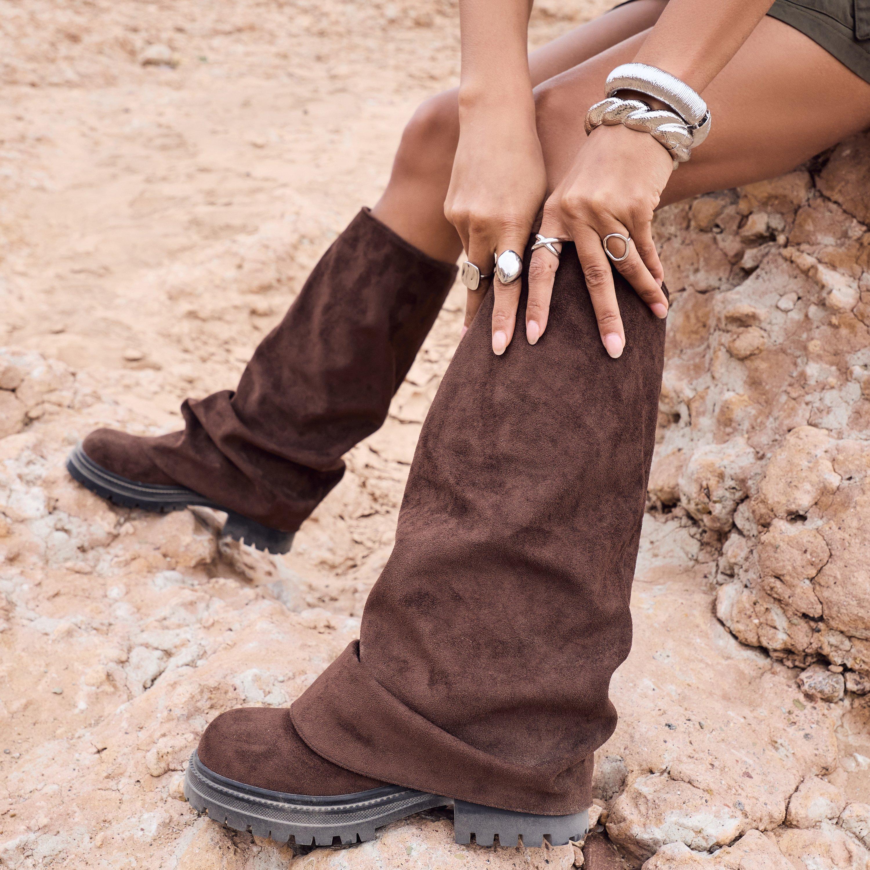 Margot Layered Detail Knee High Long Biker Boot In Brown Faux Suede, Women’s