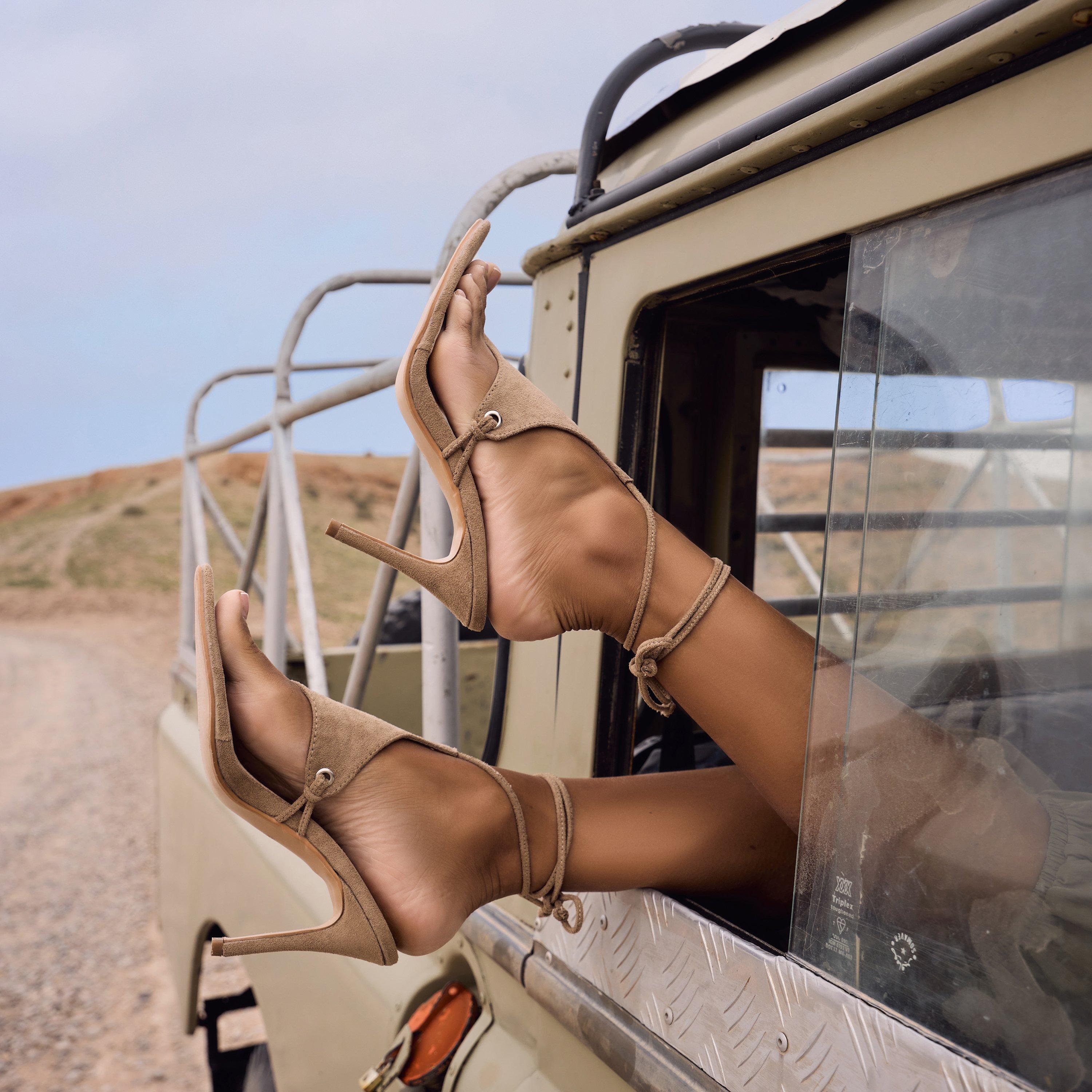 Rosalie Lace Up Thong Strap Stiletto Heel In Taupe Faux Suede, Women's Size UK 9