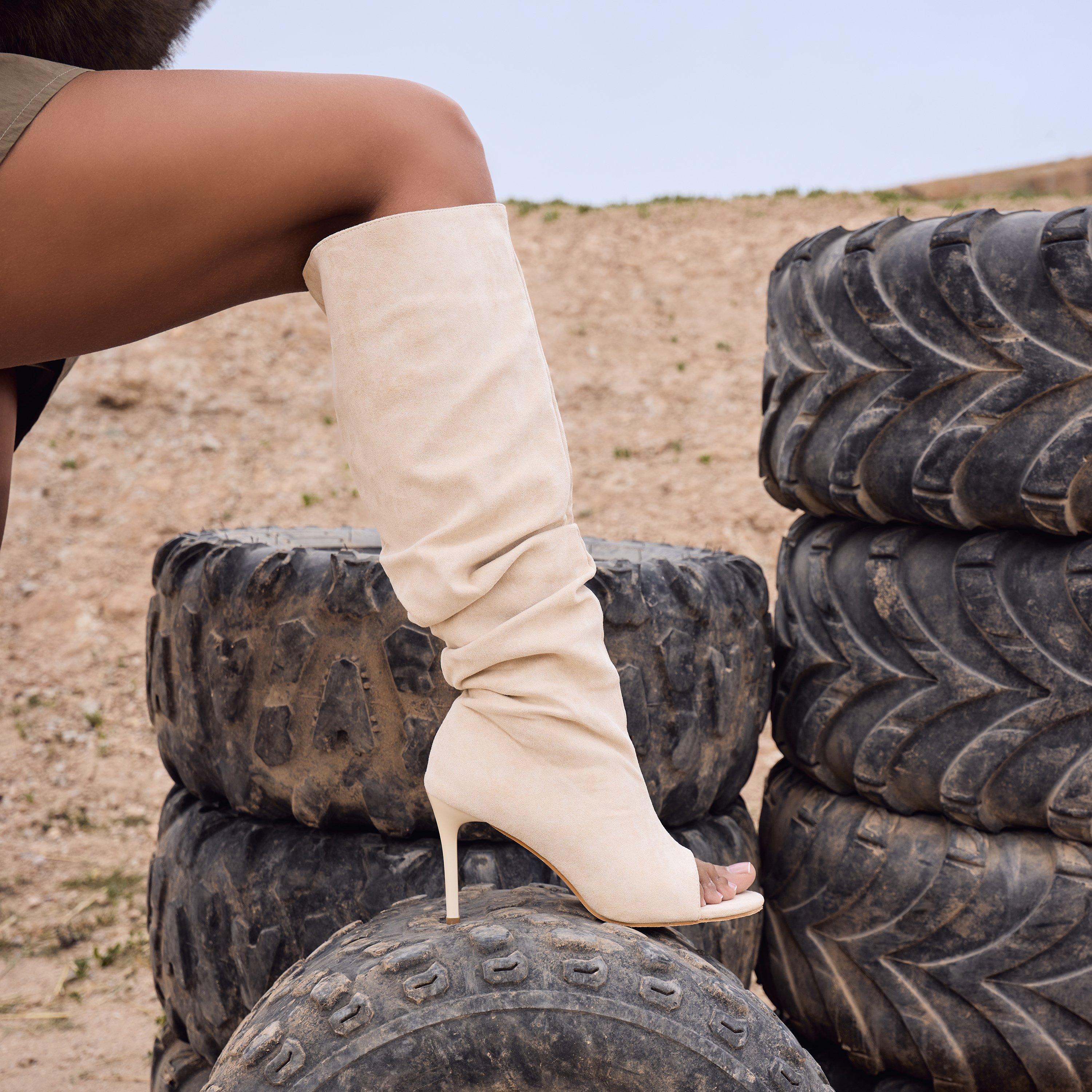 Guilty Peep Toe Slouched Stiletto Heel Knee High Boot In Beige Faux Suede, Women's Size UK 8