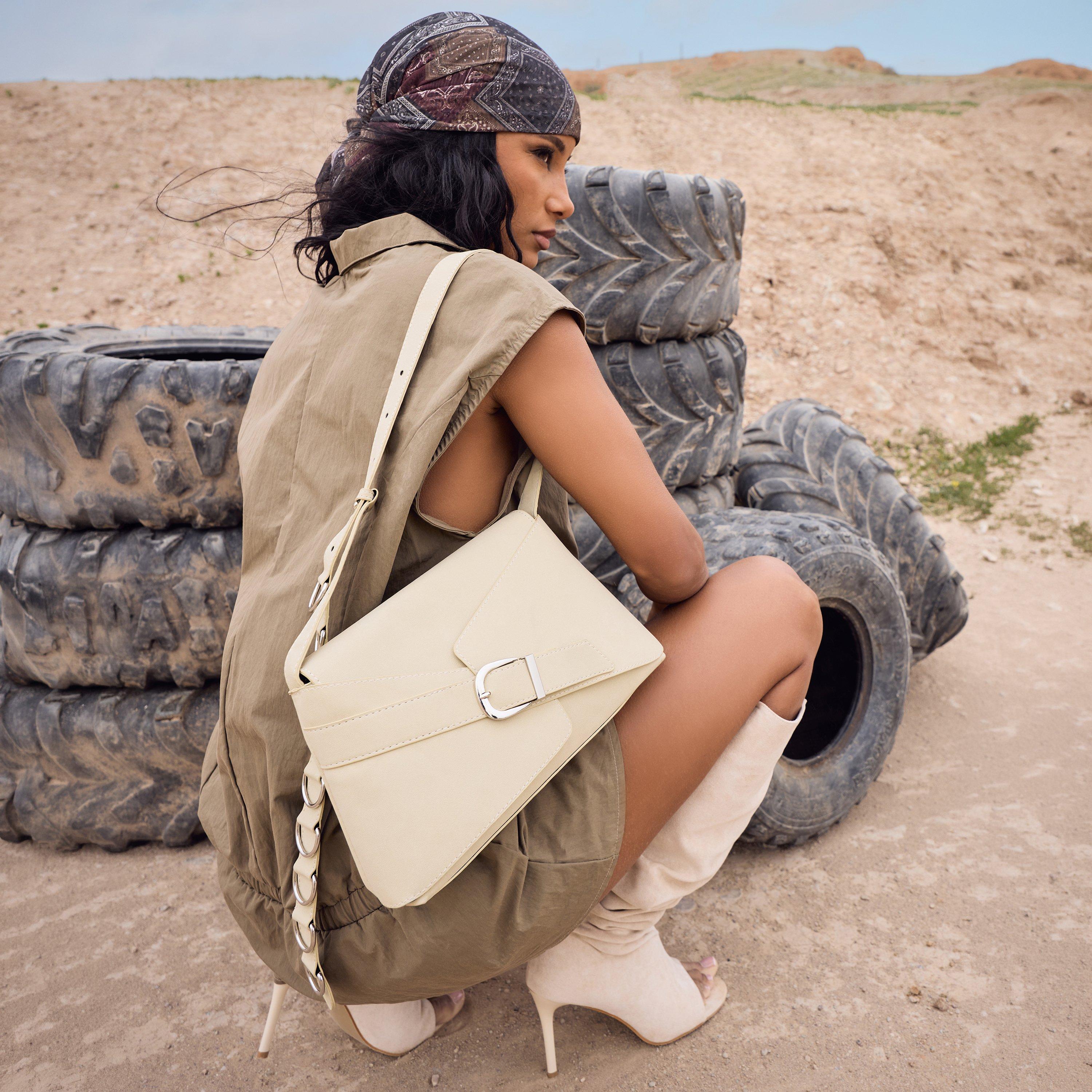 Calvin Buckle Ring Detail Shoulder Bag In Beige Faux Suede, Women's Size UK 0