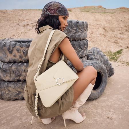 Calvin Buckle Ring Detail Shoulder Bag In Beige Faux Suede, Women's Size US