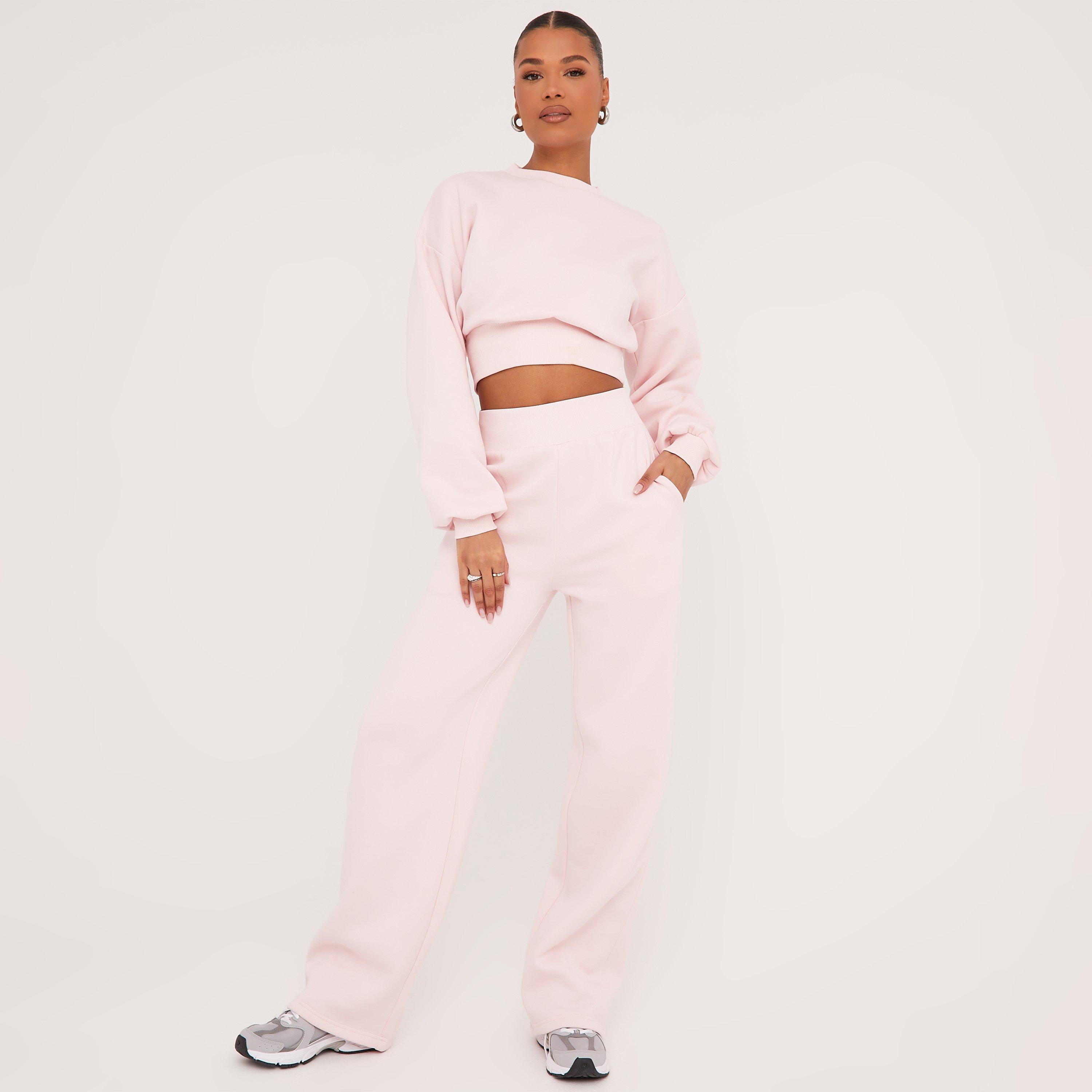 Elasticated Waist Detail Wide Leg Joggers In Baby Pink, Women’s