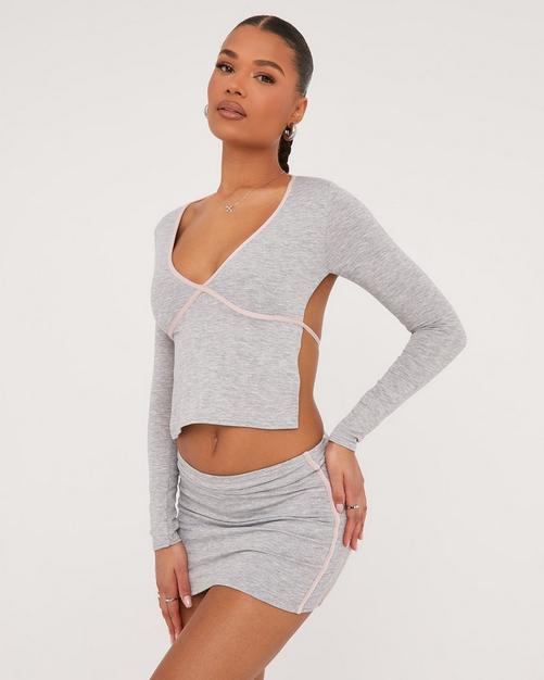 Long Sleeve Backless Detail Top In Grey Slinky