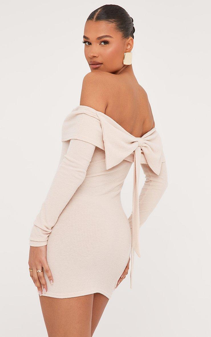 Bardot Long Sleeve Bow Detail Mini Bodycon Dress In Stone Ribbed | EGO US |  EGO