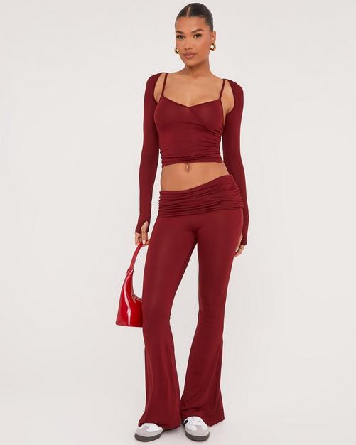 Women's Fold Over Flared Trousers And Top Co Ord Set Pink –
