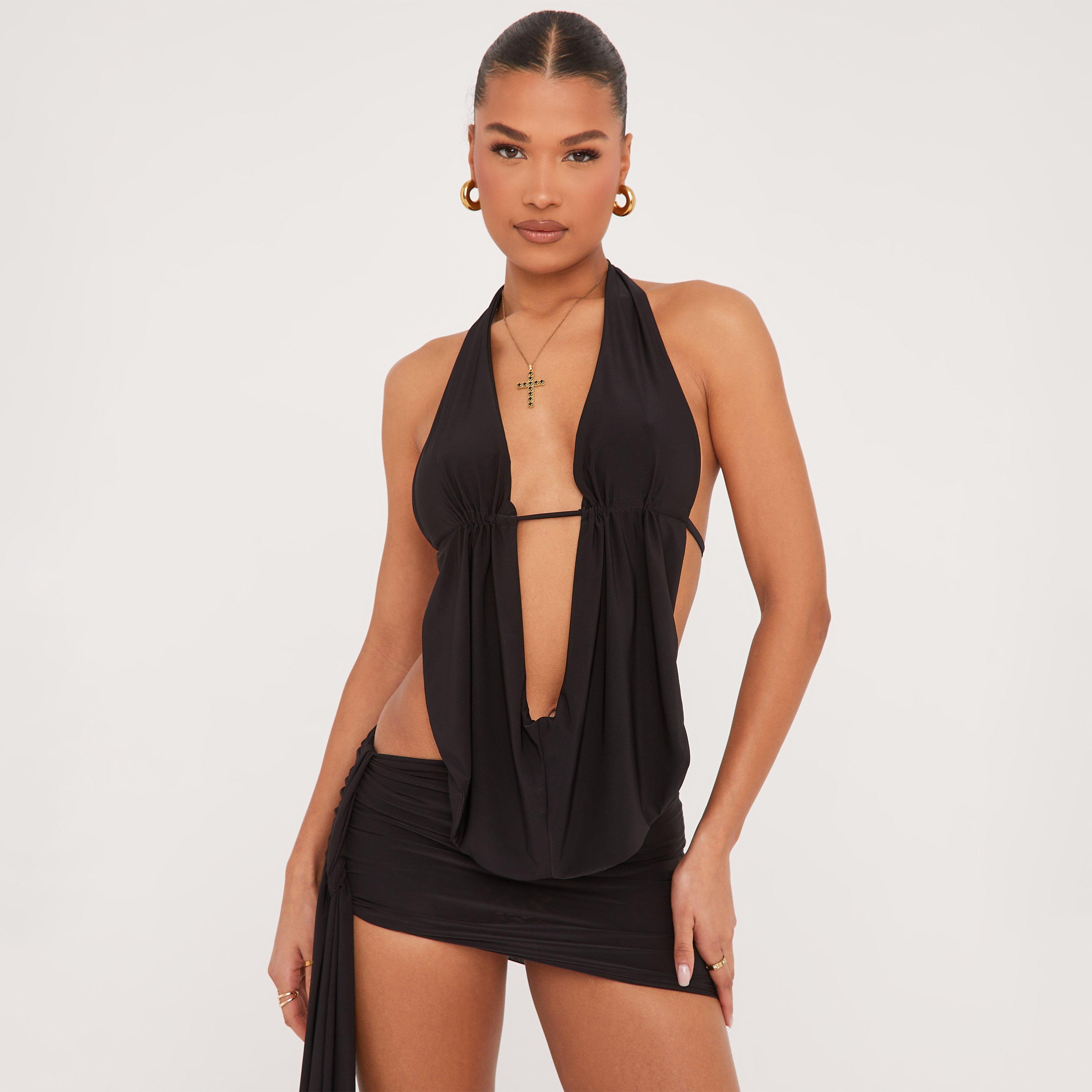 Extreme Cowl Halterneck Open Back Top And Drape Detail Micro Mini Skirt Co-Ord Set In Black Slinky, Women’s