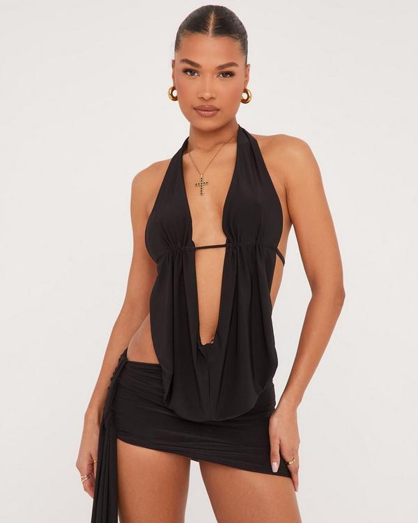 Extreme Cowl Halterneck Open Back Top And Drape Detail Micro Mini Skirt Co-Ord Set In Black Slinky