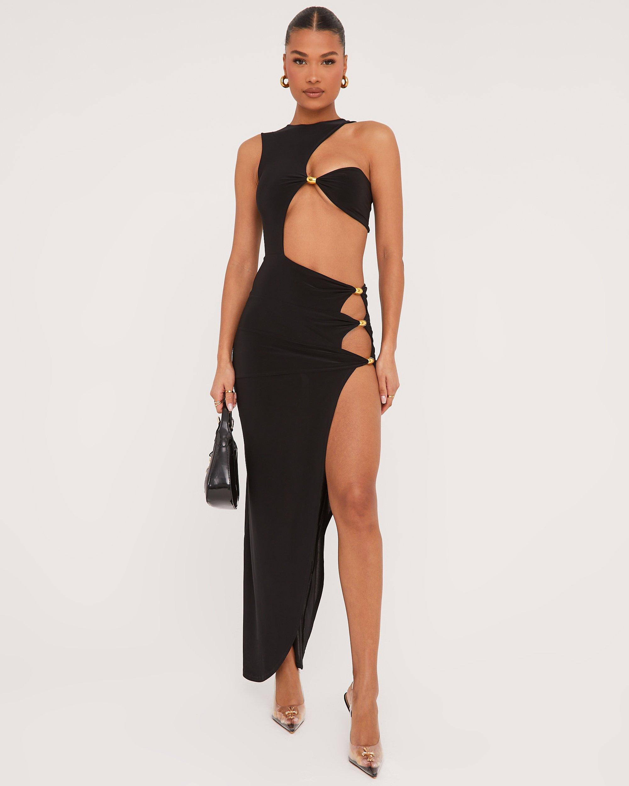 Extreme Cut Out Beaded Detail Split Leg Maxi Dress In Black | EGO