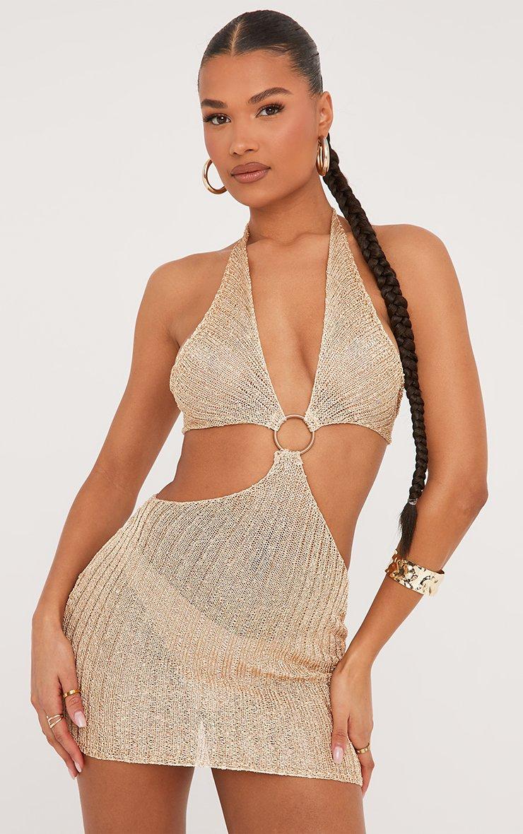 Plunge Halterneck Ring Detail Cut Out Mini Bodycon Dress In Gold Sequin Knit  | EGO US | EGO