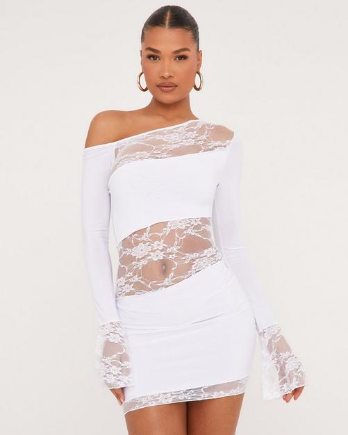 Off The Shoulder Lace Insert Detail Mini Bodycon Dress In Black