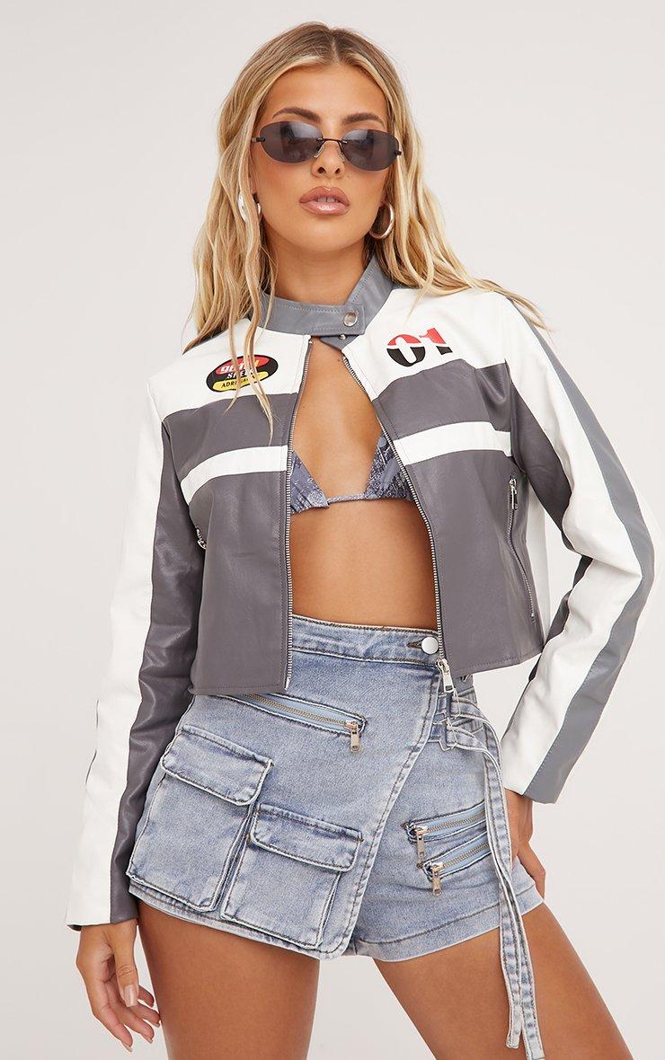 Motocross Detail Zip Up Jacket In Grey And White Faux Leather