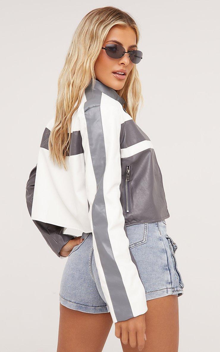 Motocross Detail Zip Up Jacket In Grey And White Faux Leather