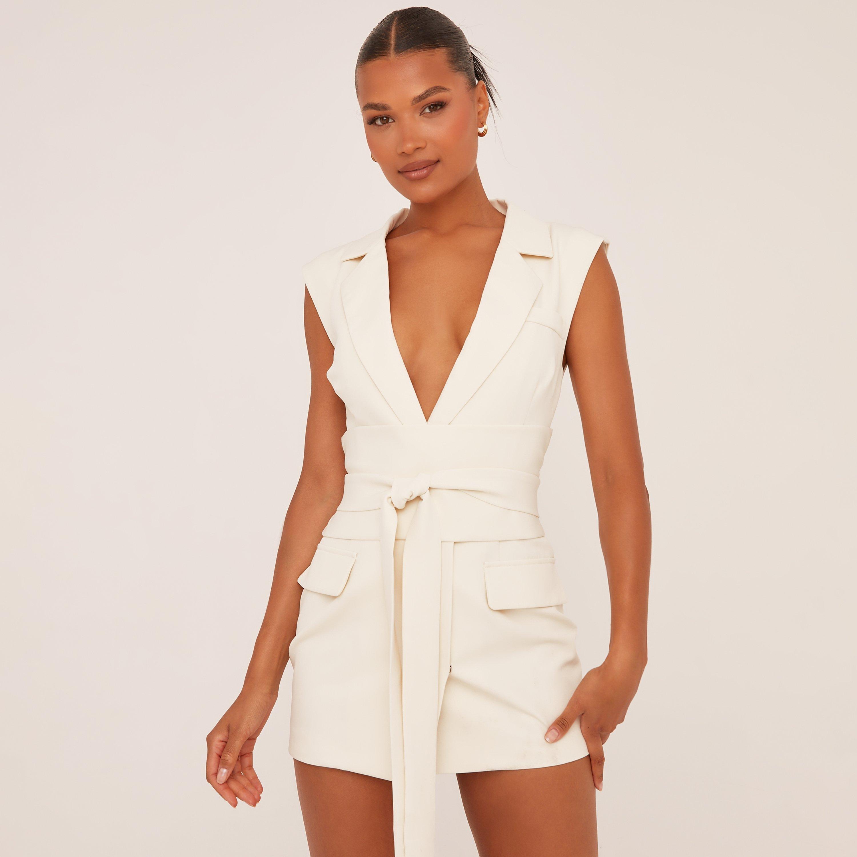 Sleeveless Belted Waist Tailored Mini Dress In Cream Woven, Women's Size UK 6