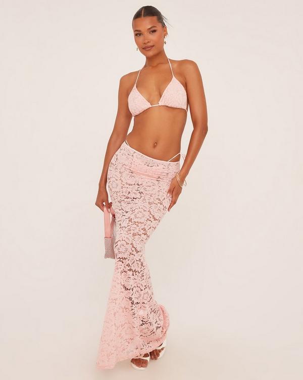 Low Rise Maxi Beach Skirt In Pink Lace