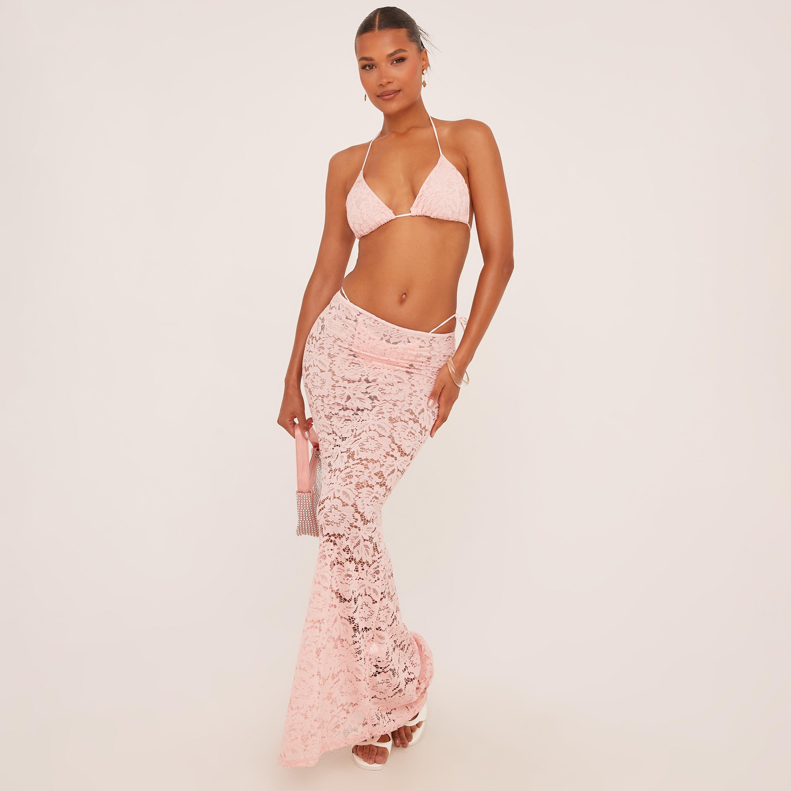 Low Rise Lace Detail Maxi Beach Skirt In Pink, Women's Size UK 6