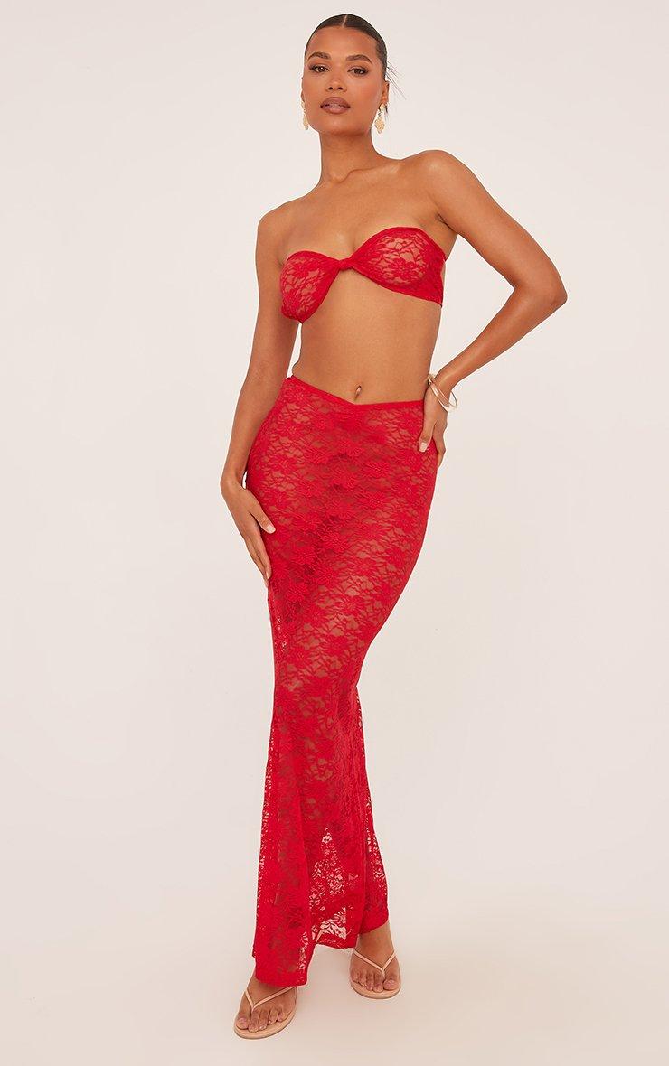 Bandeau Crop Top And High Waist Maxi Skirt Co-Ord Set In Red Lace | EGO US  | EGO