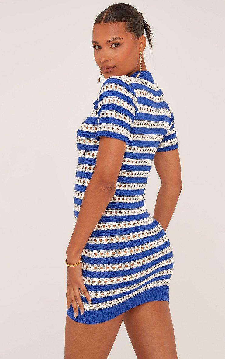 princess polly baby blue dress Short Sleeve Button Up Shirt Dress In Blue Stripe Crochet Knit | EGO US