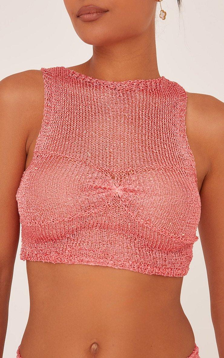 Sleeveless Crop Top In Pink Sequin Sheer Knit | EGO EU | EGO
