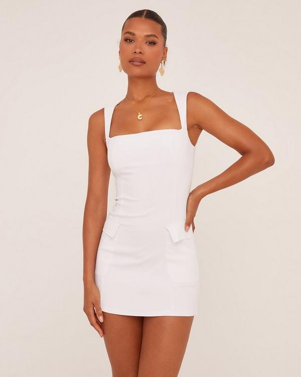 Square Neck Tailored Mini Bodycon Dress In White Woven