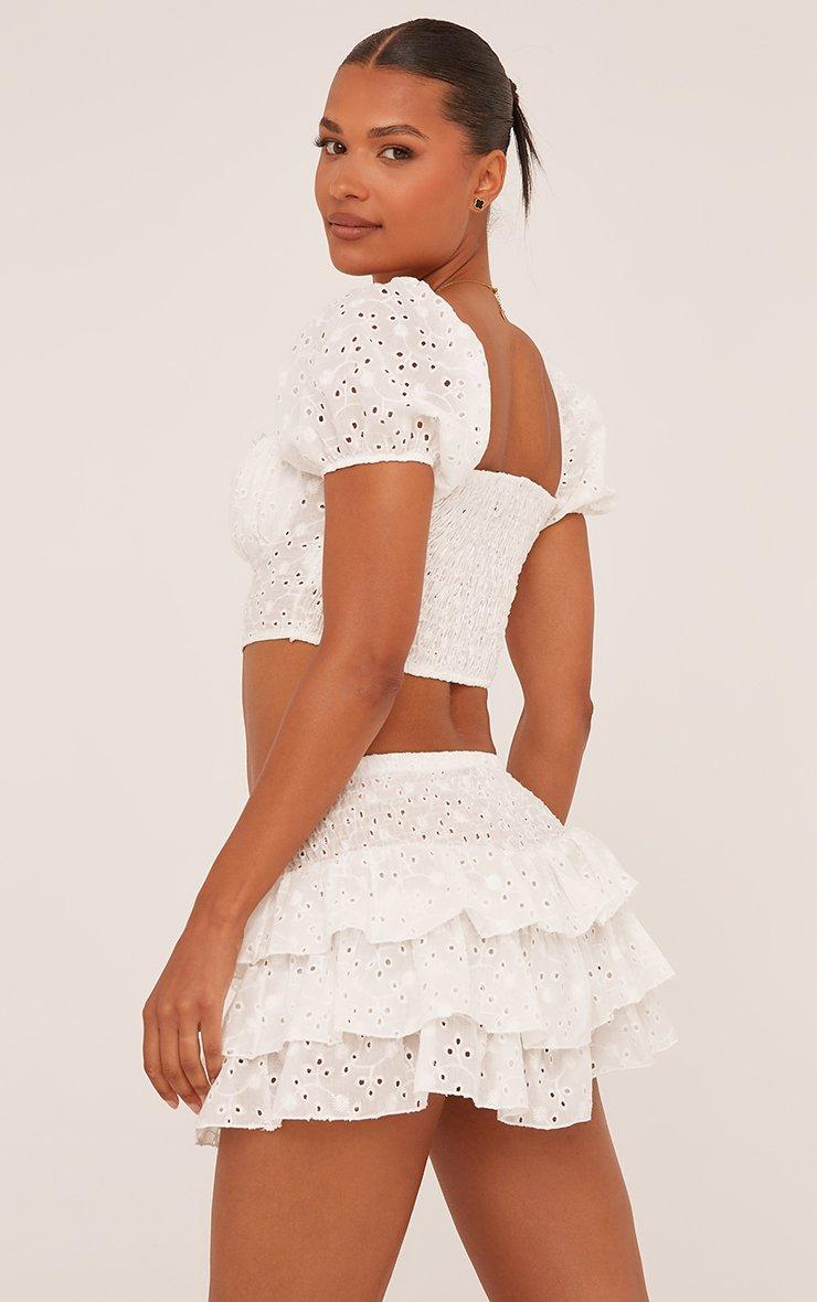 Shirred Waist Mini Rara Skirt In White Broderie | EGO US | EGO