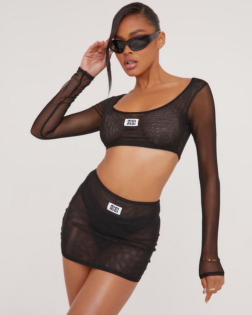 Khaimy Two Piece Set - Glitter Mesh Long Sleeve Crop Top and Mini Skirt Set  in Black