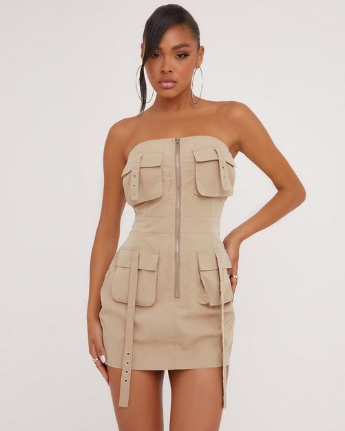 Taupe Mesh Halterneck Underbust Corset Detail Bodycon Dress