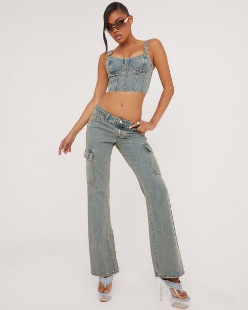 Buckle Strap Detail Structured Cropped Corset Top In Washed Blue Denim