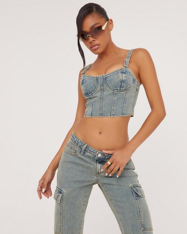 Buckle Strap Detail Structured Cropped Corset Top In Washed Blue Denim