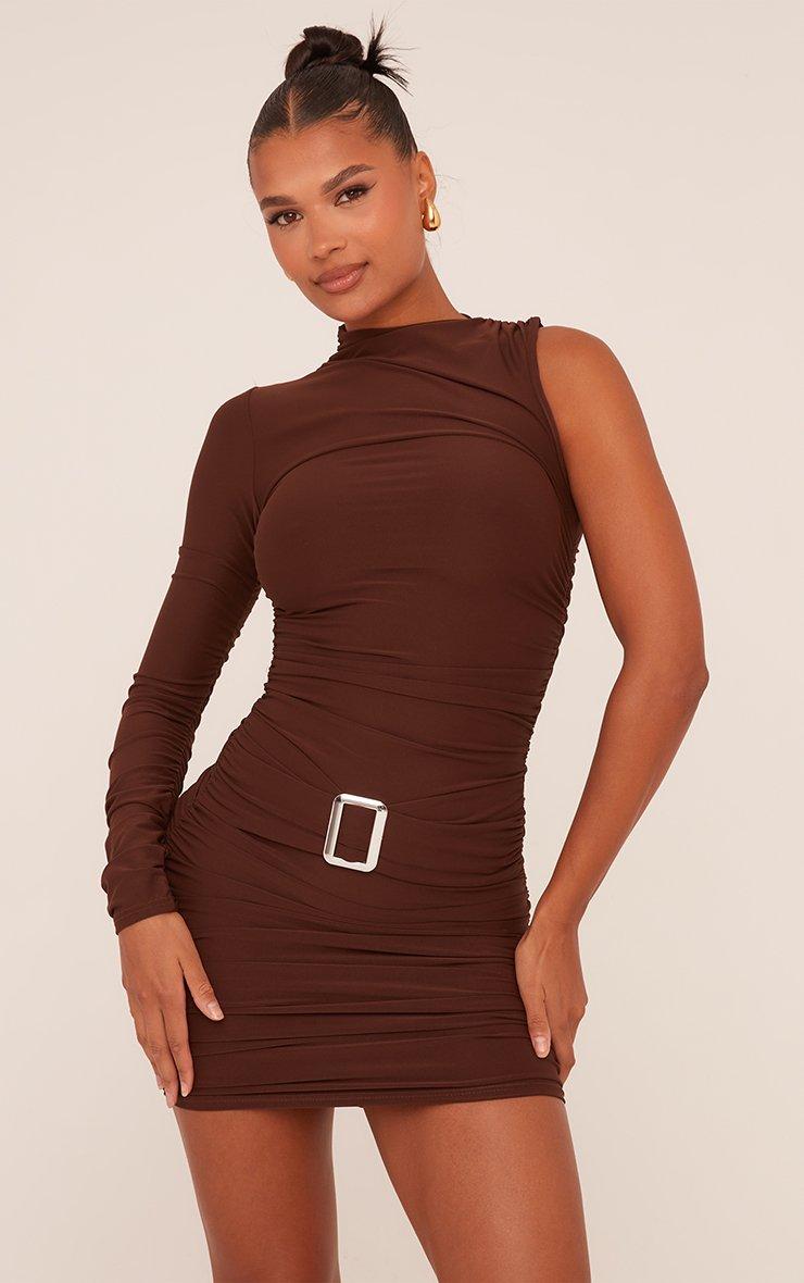 One Shoulder High Neck Belt Detail Mini Bodycon Dress In Chocolate Brown |  EGO EU | EGO