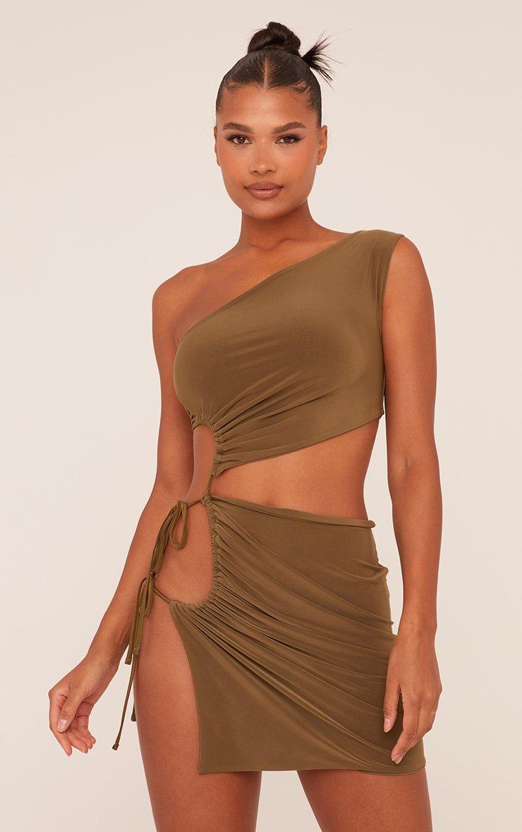 One Shoulder Cut Out Side Detail Mini Dress In Khaki Green Slinky | EGO US  | EGO