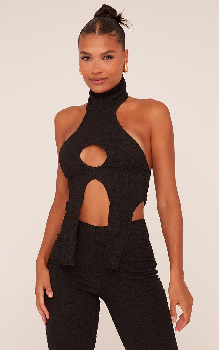 High Neck Keyhole Cut Out Split Hem Jumpsuit In Black Textured