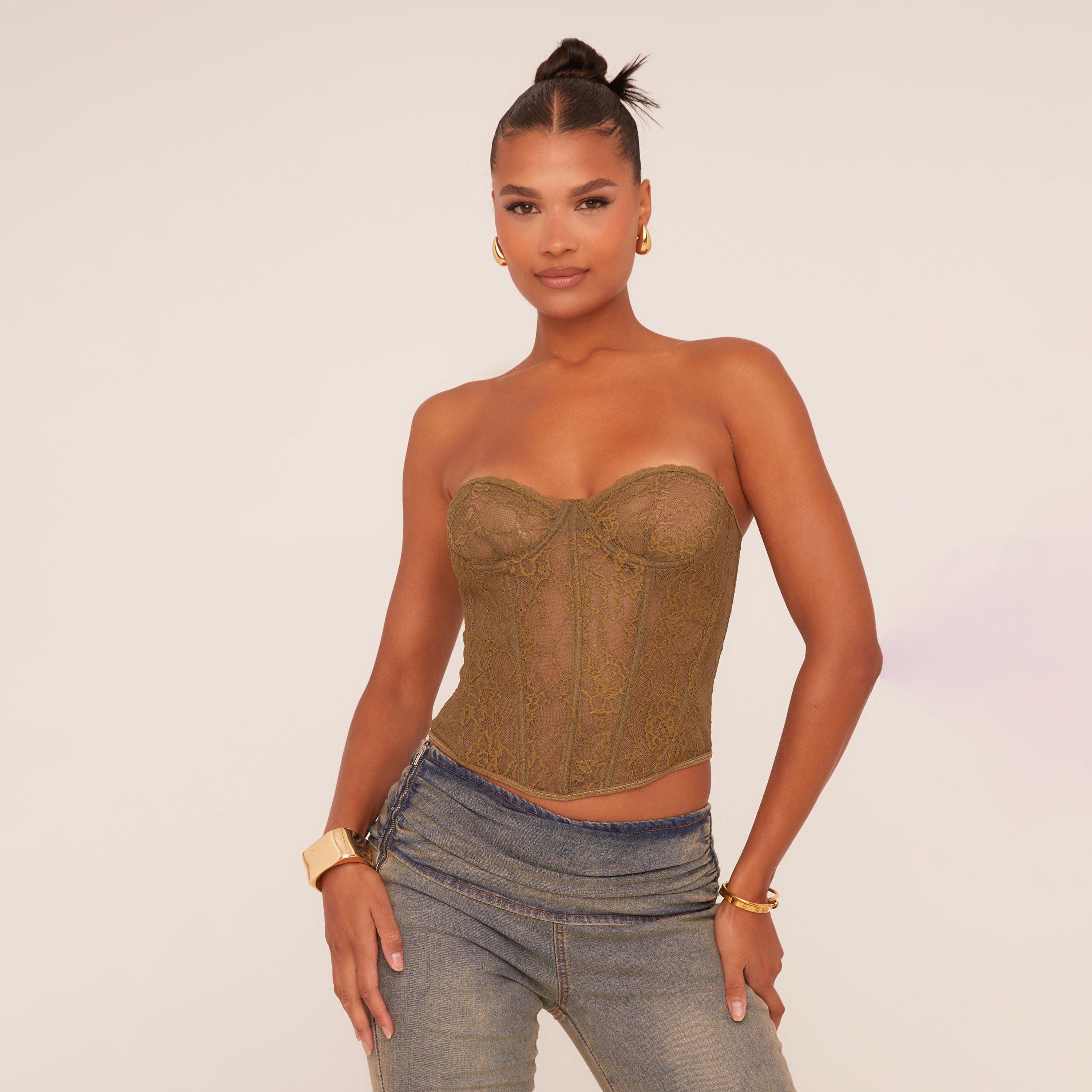 Bandeau Structured Detail Corset Top In Khaki Lace, Women’s