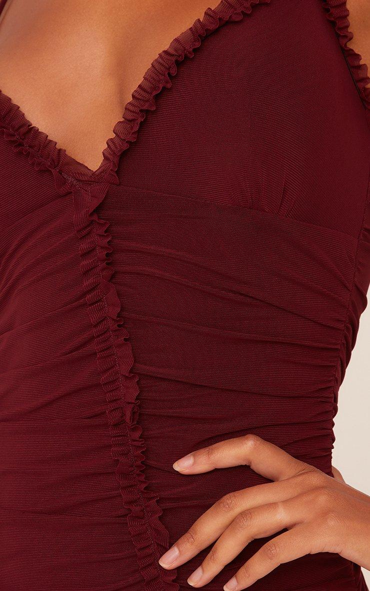 Strappy V Neck Frill Edge Ruched Mini Bodycon Dress In Burgundy Mesh | EGO  US | EGO
